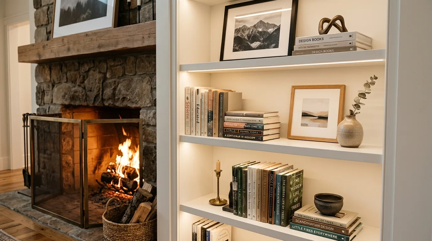 Add lower cabinets for hidden storage inspiration for a living room with fireplace built-ins.